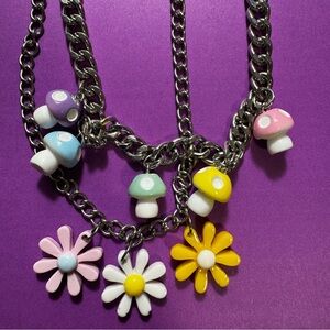 2 necklaces -Silver chain Mushroom and flower pastel costume jewelry